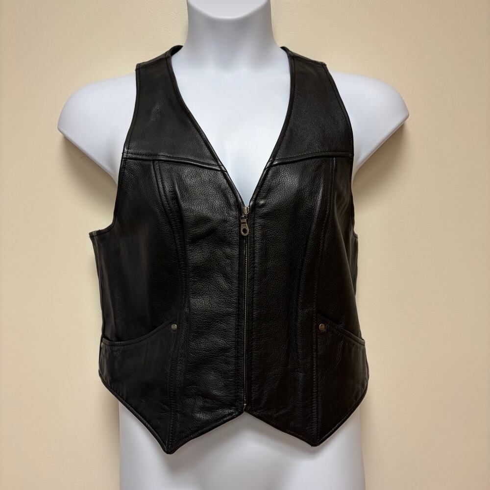 First Leather Apparel Black Leather Vest Motorcycle Biker Utility Woman's M